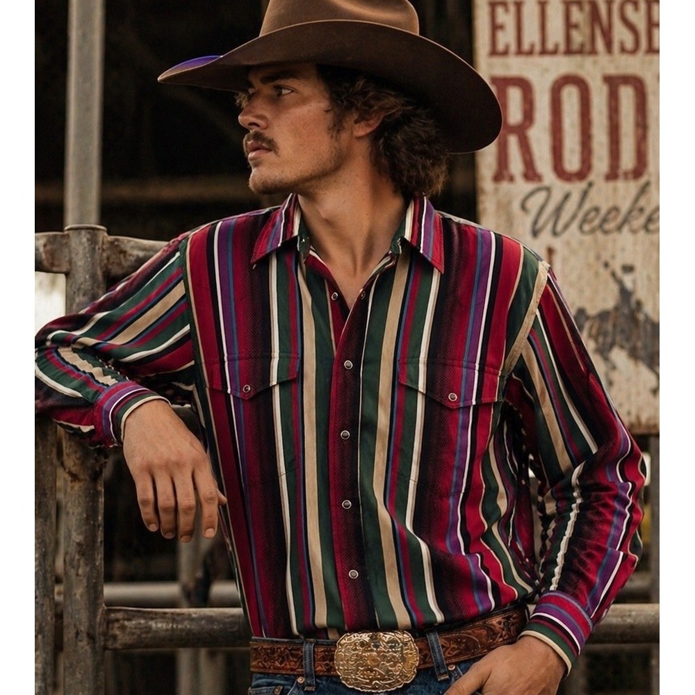 Karman Vintage Western Pearl Snap Striped Shirt Mens L Long Sleeve Cowboy Rodeo